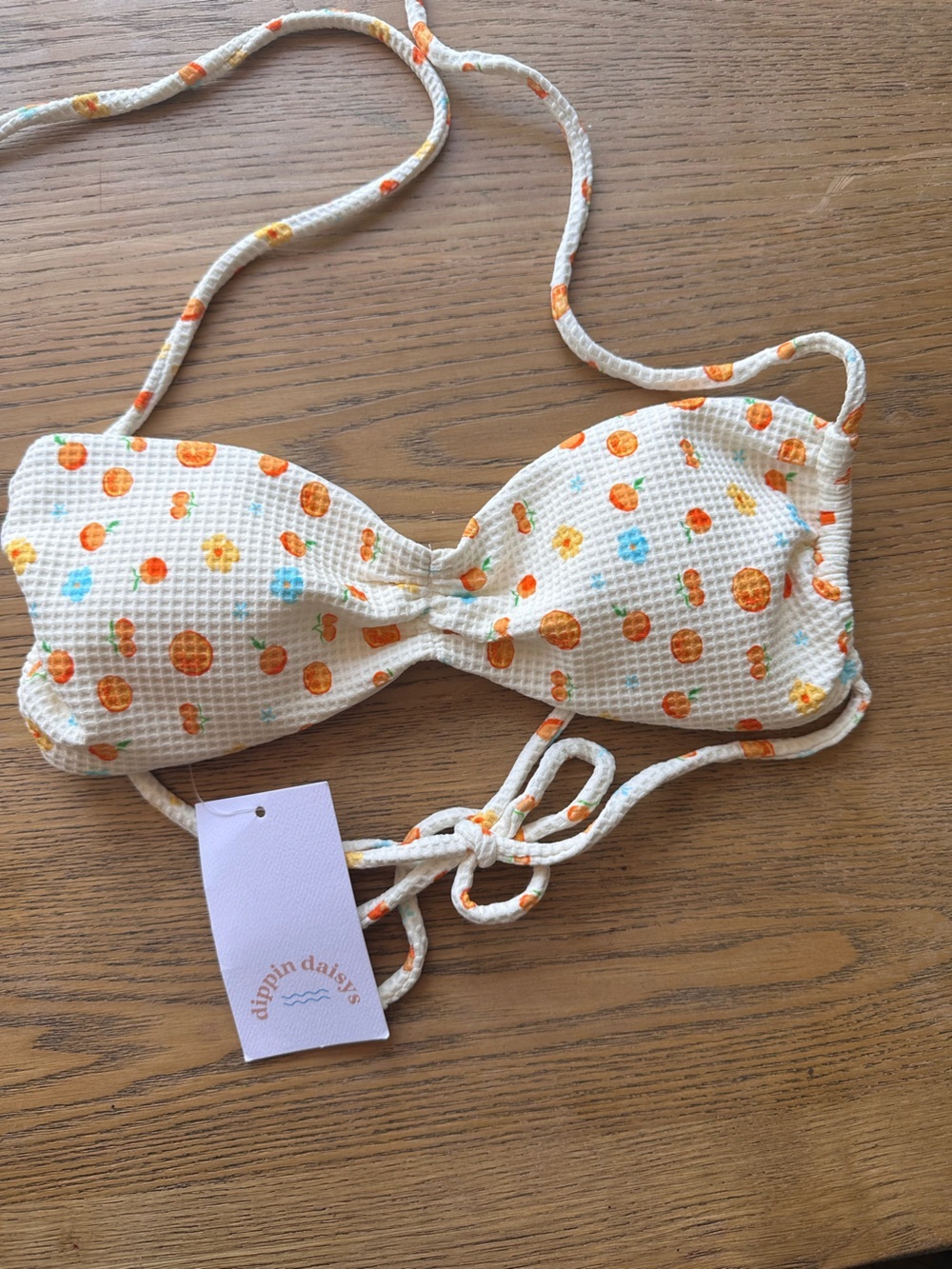 Dippin' Daisy's Cream Bikini Top with Orange & Blue Dot Print